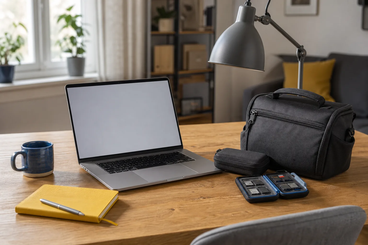 Laptop med kamerafodral och minneskortsetui på skrivbord
