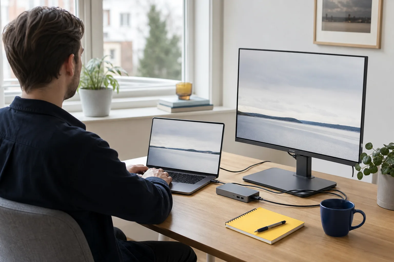 Laptop med dockningsstation och extern skärm på hemmakontor