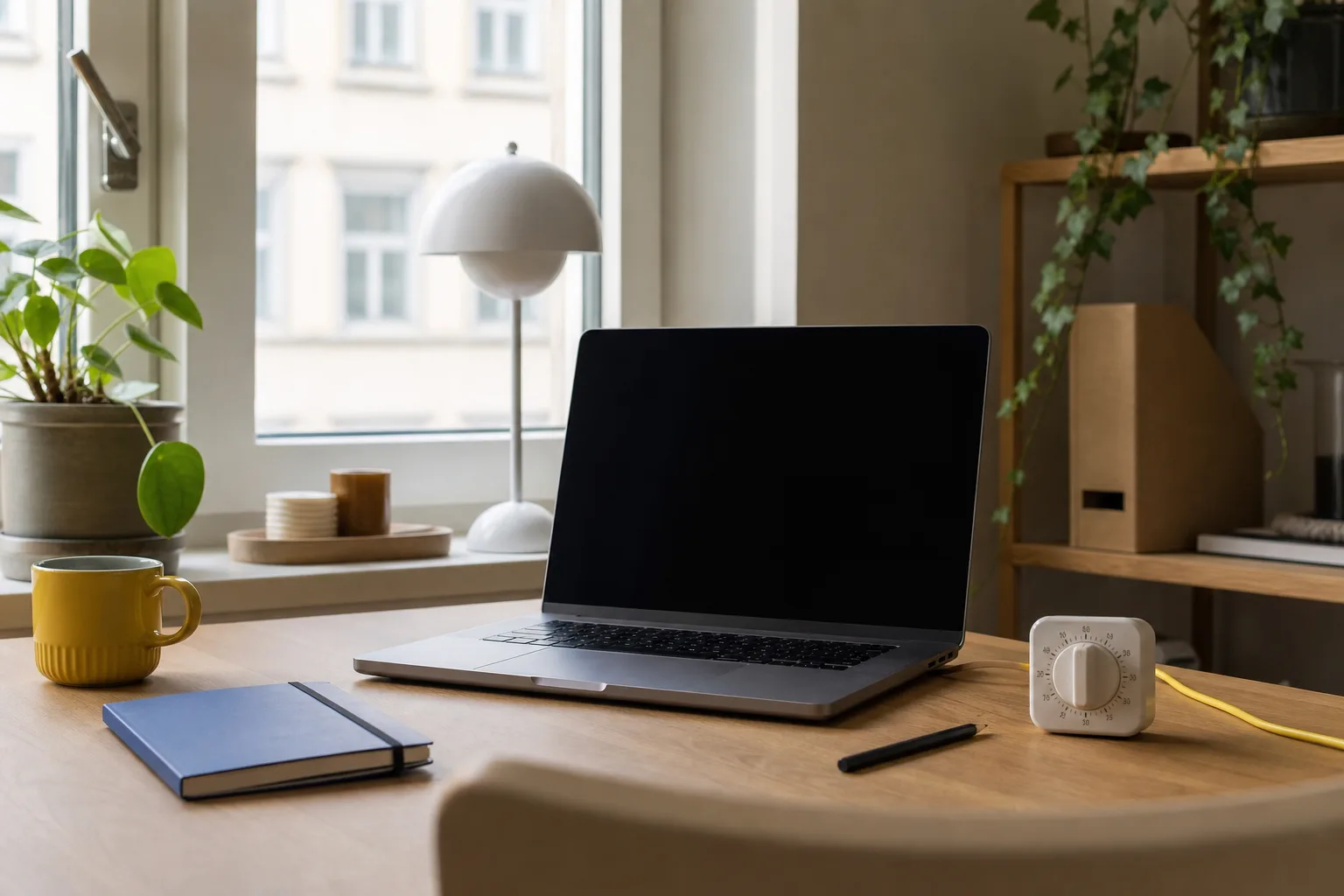 Laptop med mörk skärm, timer och gul kabel