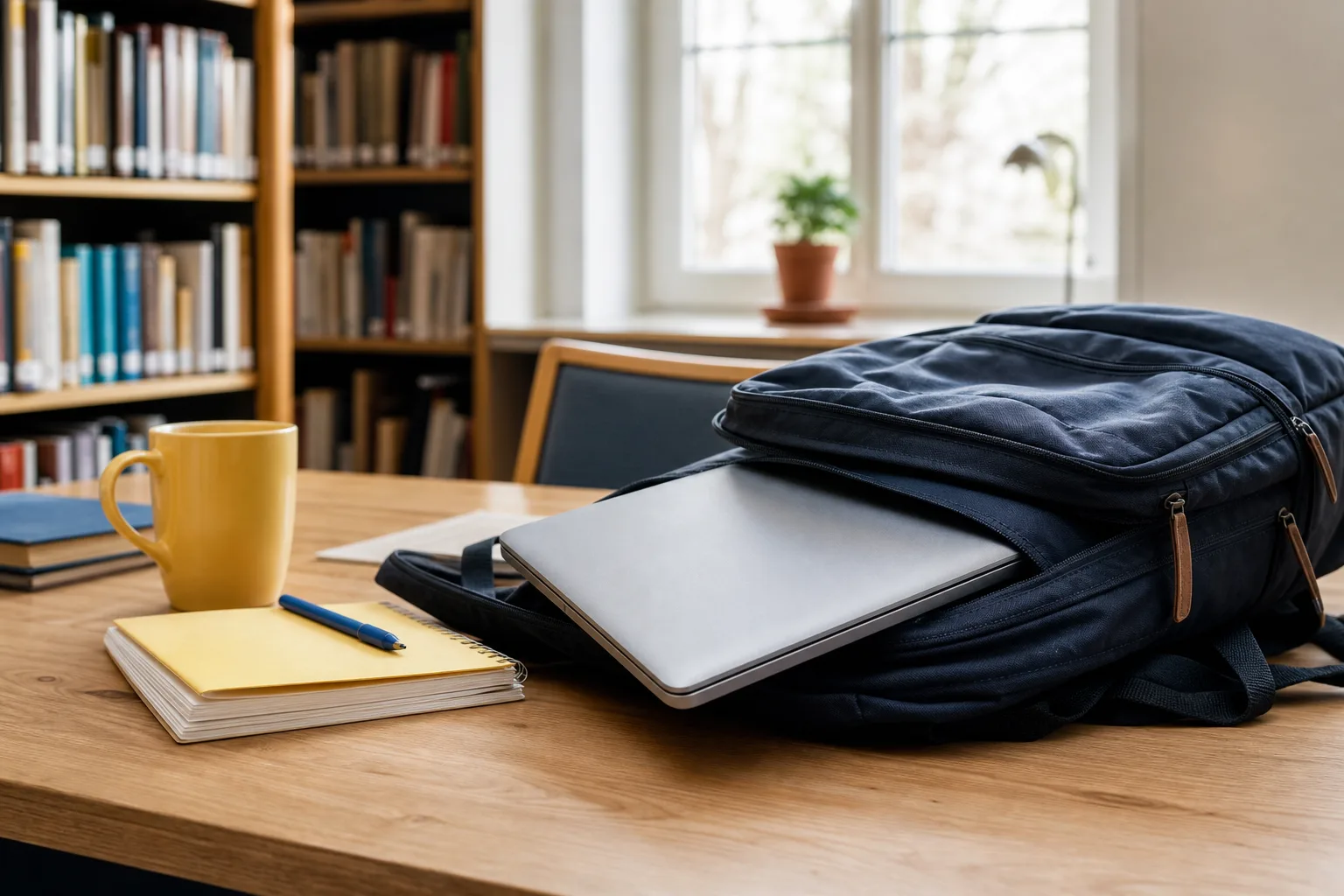 Lätt laptop i ryggsäcksfack vid studiehörn