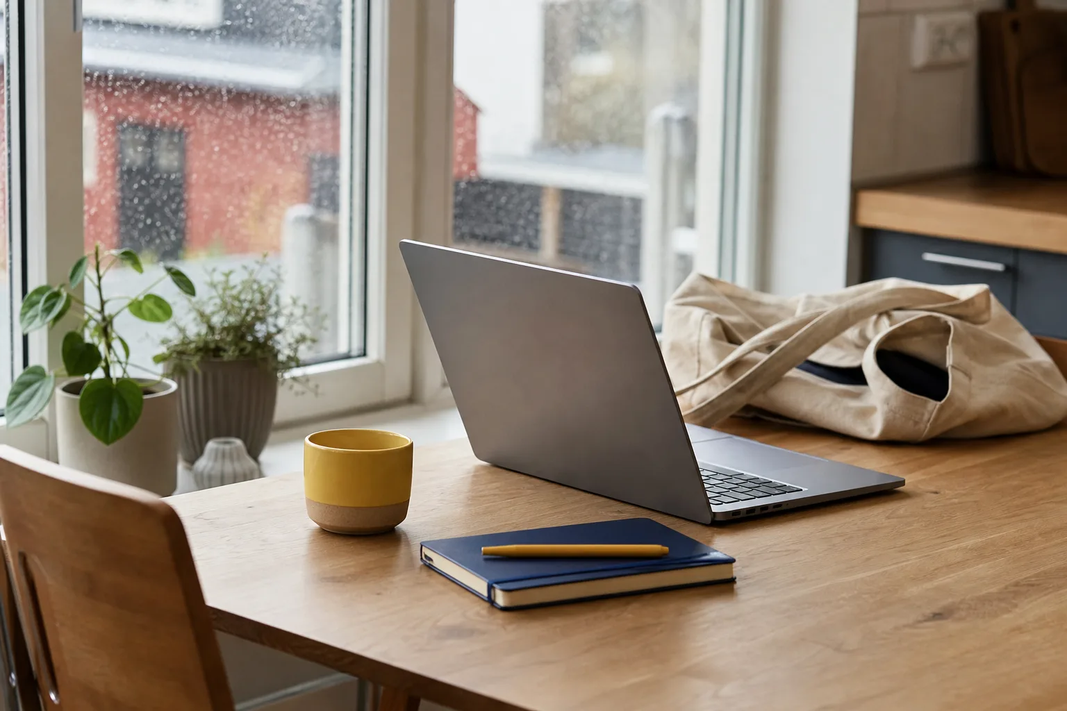 Tunn laptop på köksbord med kaffekopp och tygkasse