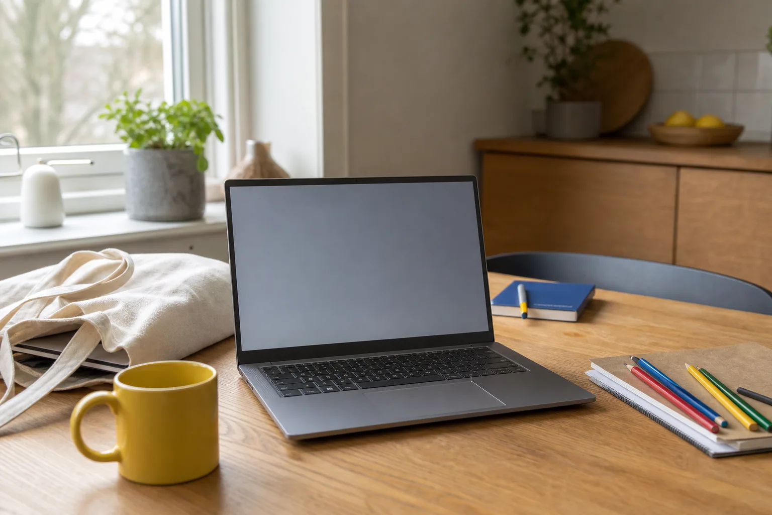 Enkel laptop med färgpennor på köksbord