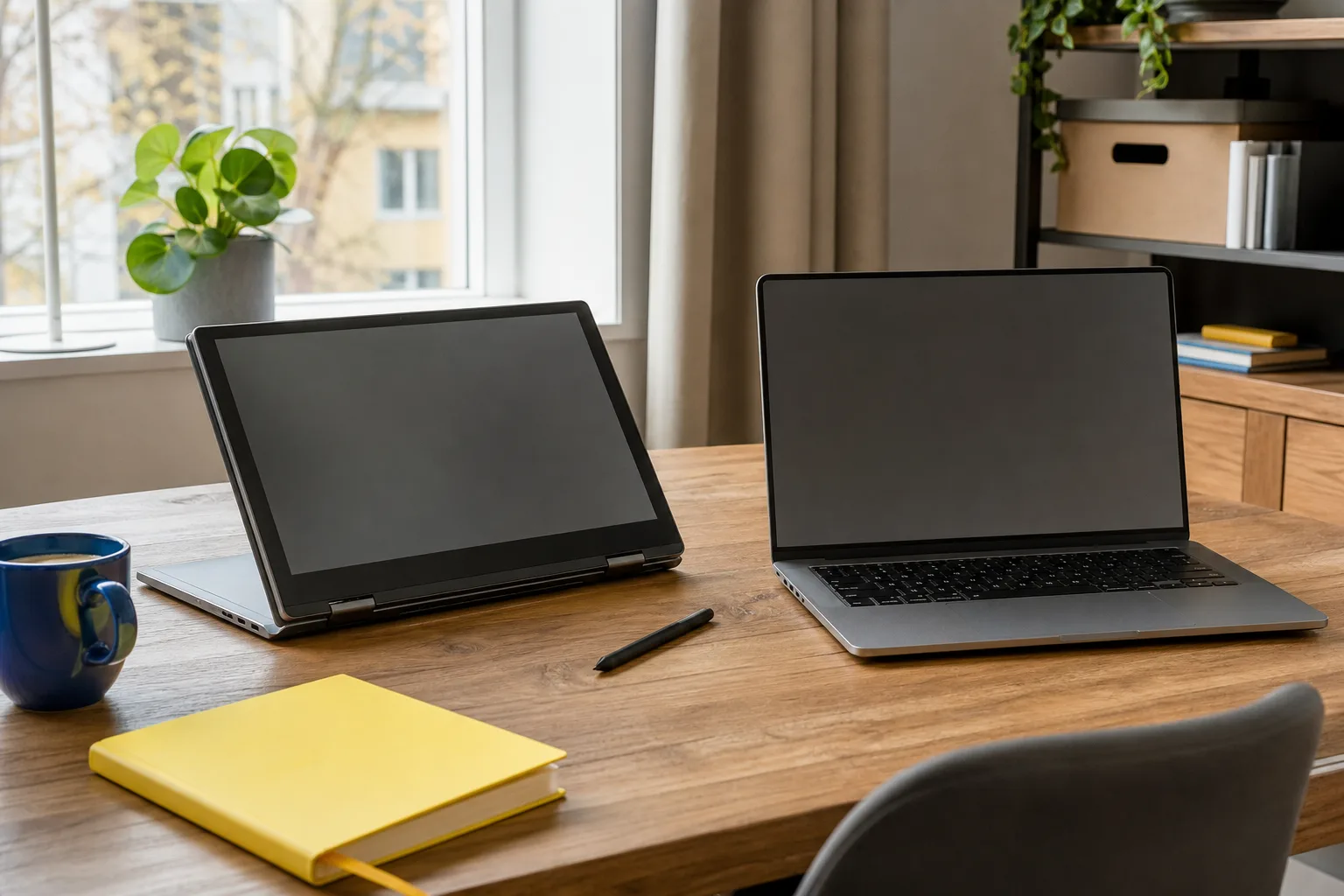 Vikbar dator och vanlig laptop med ritpenna på bord