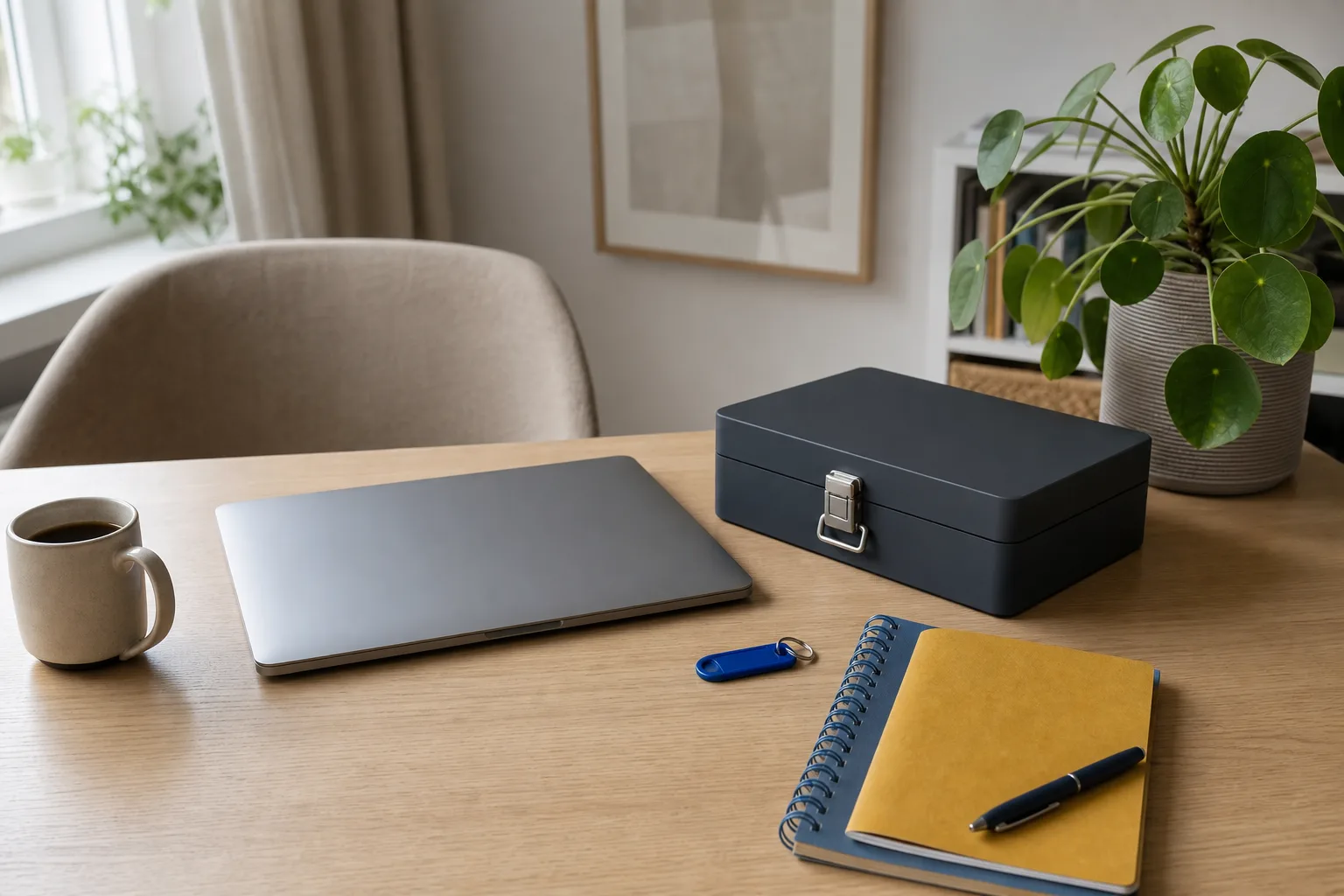 Stängd laptop och låst förvaringsask på hemmaskrivbord