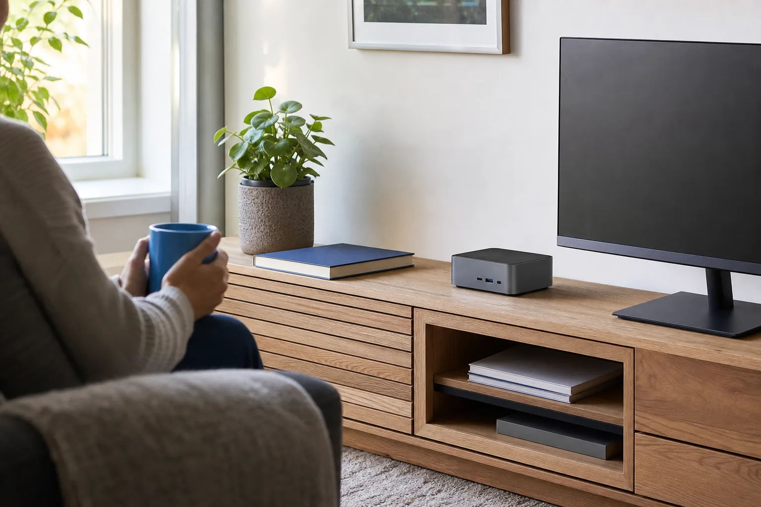 Anonym mini-PC på mediabänk med bildskärm och växt
