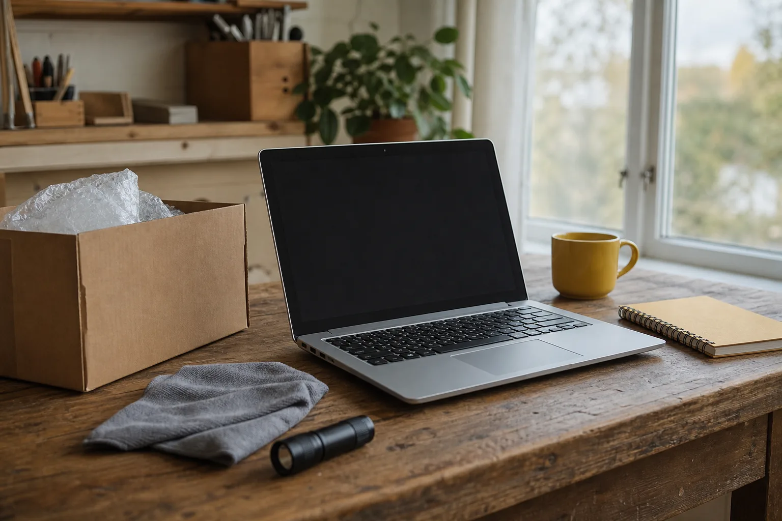 Begagnad laptop med neutral kartong och trasa på träbänk