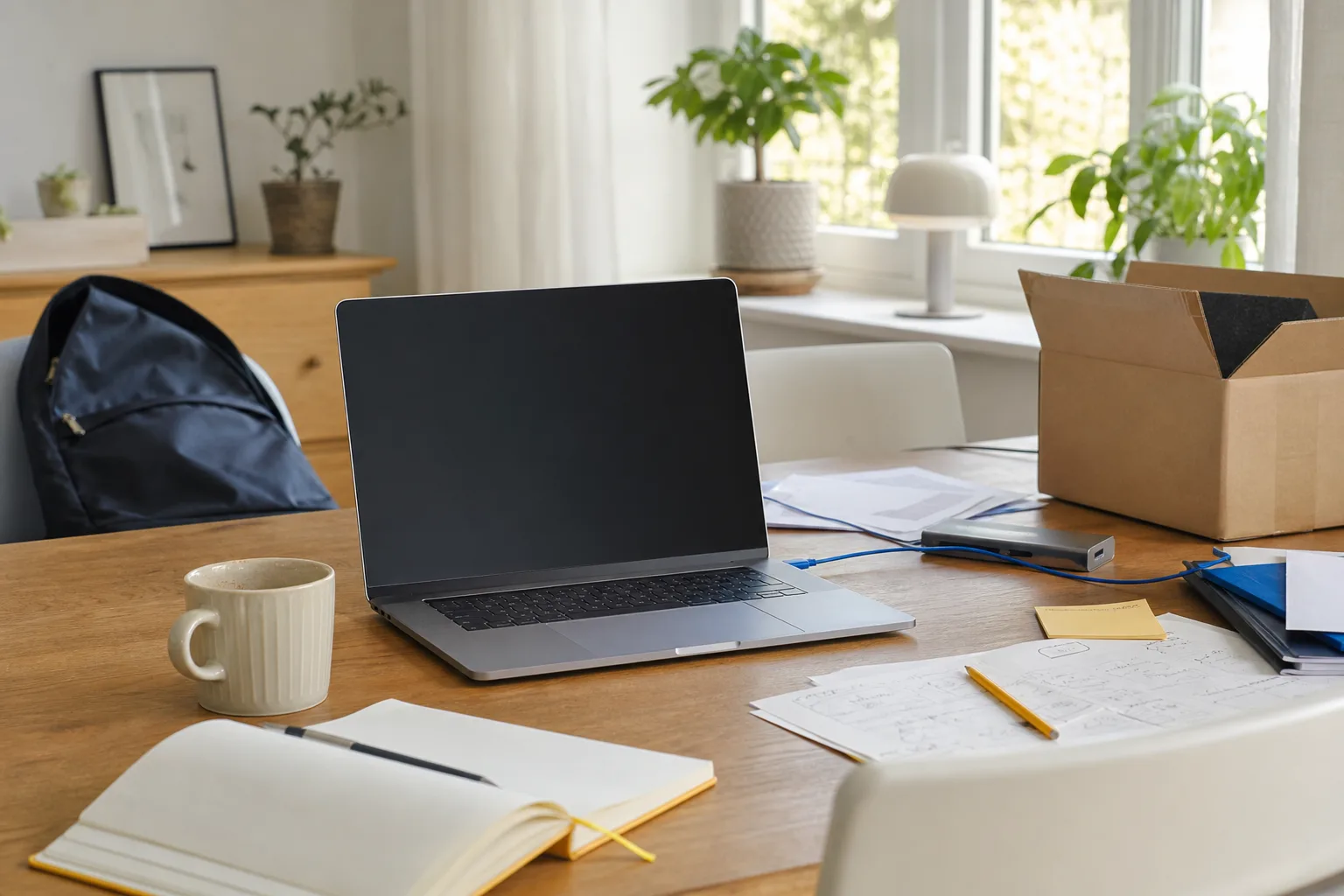 Redaktionellt arbetsbord med laptop, kamera och anteckningar