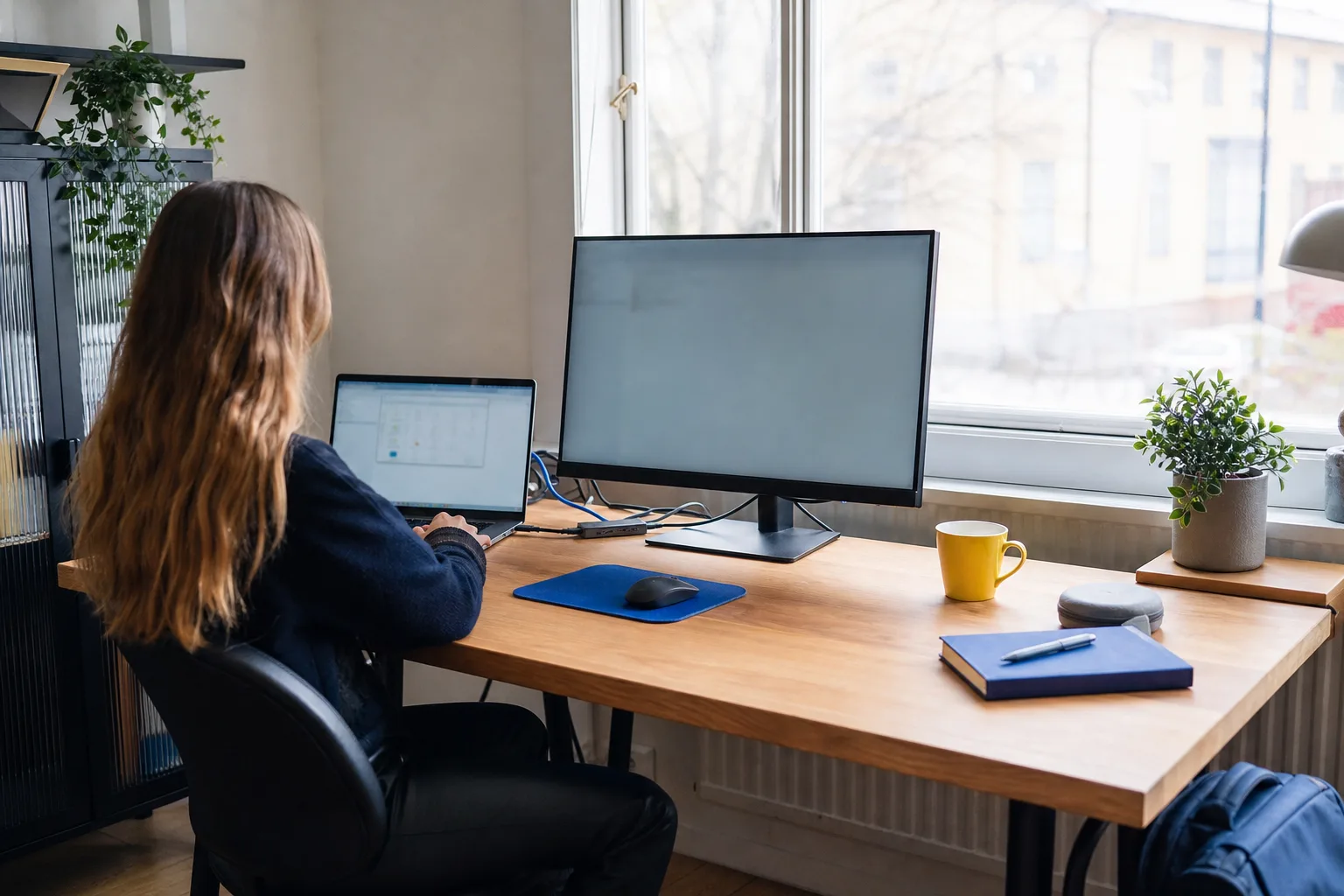 Laptop med extern skärm och ordnade kablar på skrivbord