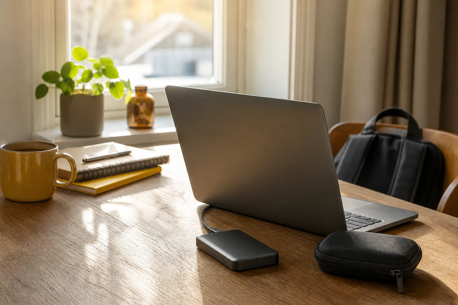 Laptop med kamerafodral och extern lagringsenhet vid fönster