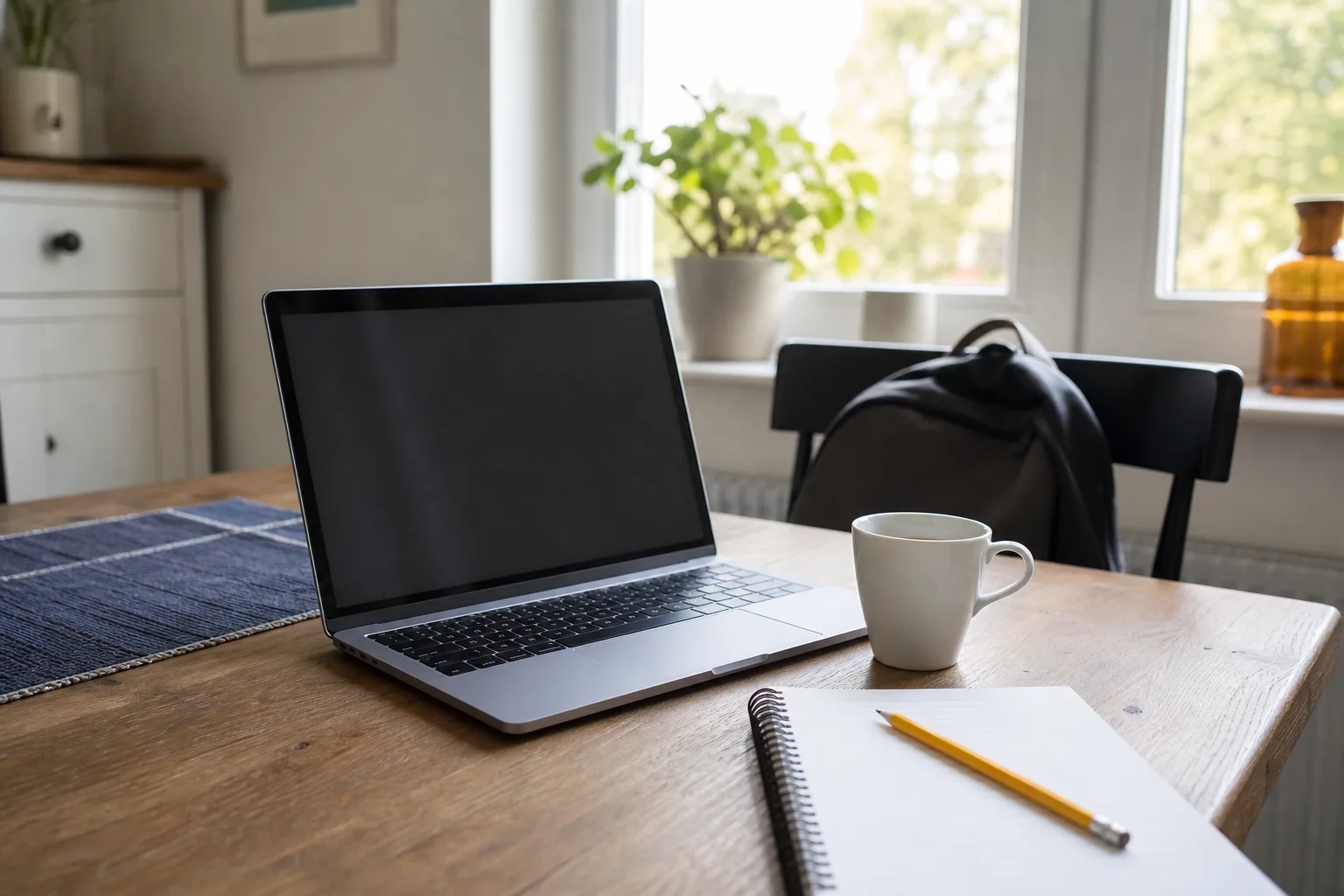 Enkel laptop med penna och kopp på litet köksbord