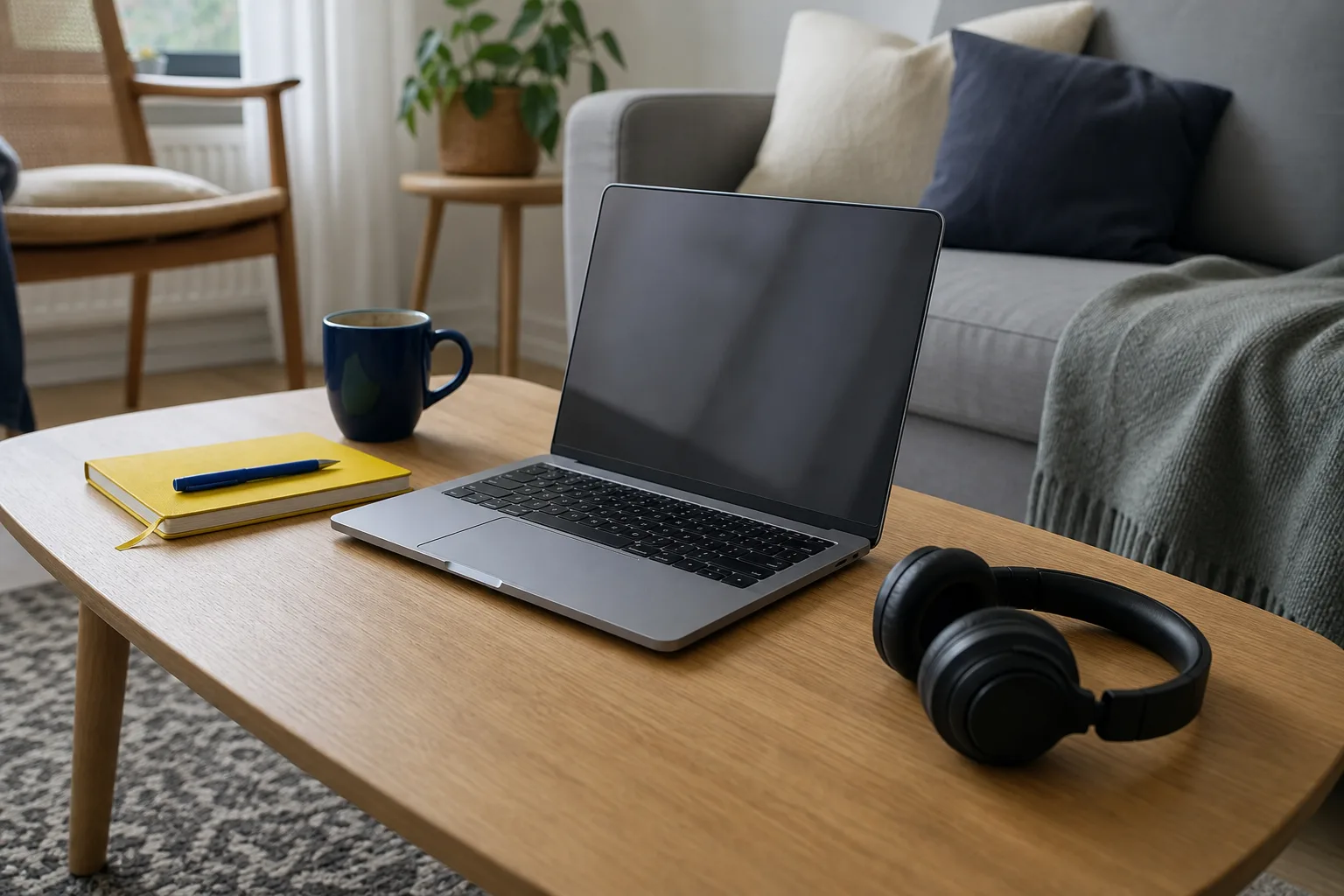 Laptop med hörlurar och anteckningsbok på vardagsrumsbord