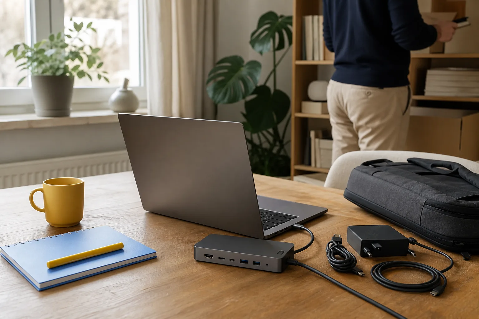 Laptop med dockningsstation, laddare och datorväska på hemmakontor