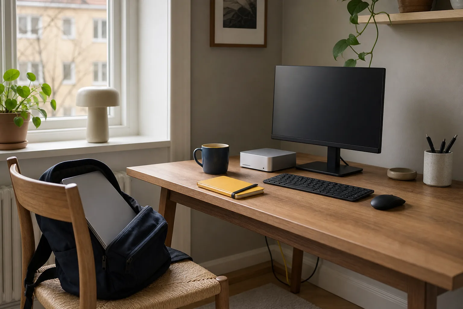 Laptop i ryggsäck bredvid liten stationär på skrivbord