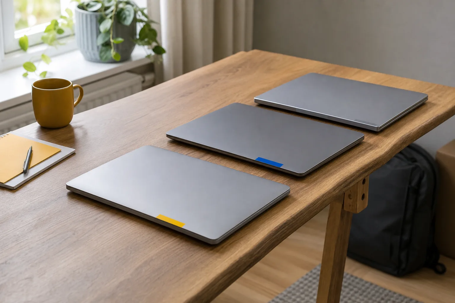 Tre generiska laptops med färgmarkörer på träbänk