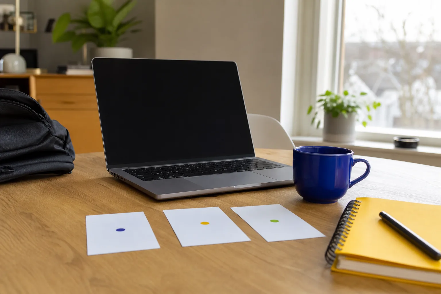 Laptop med enkla färgmarkerade valkort på skrivbord