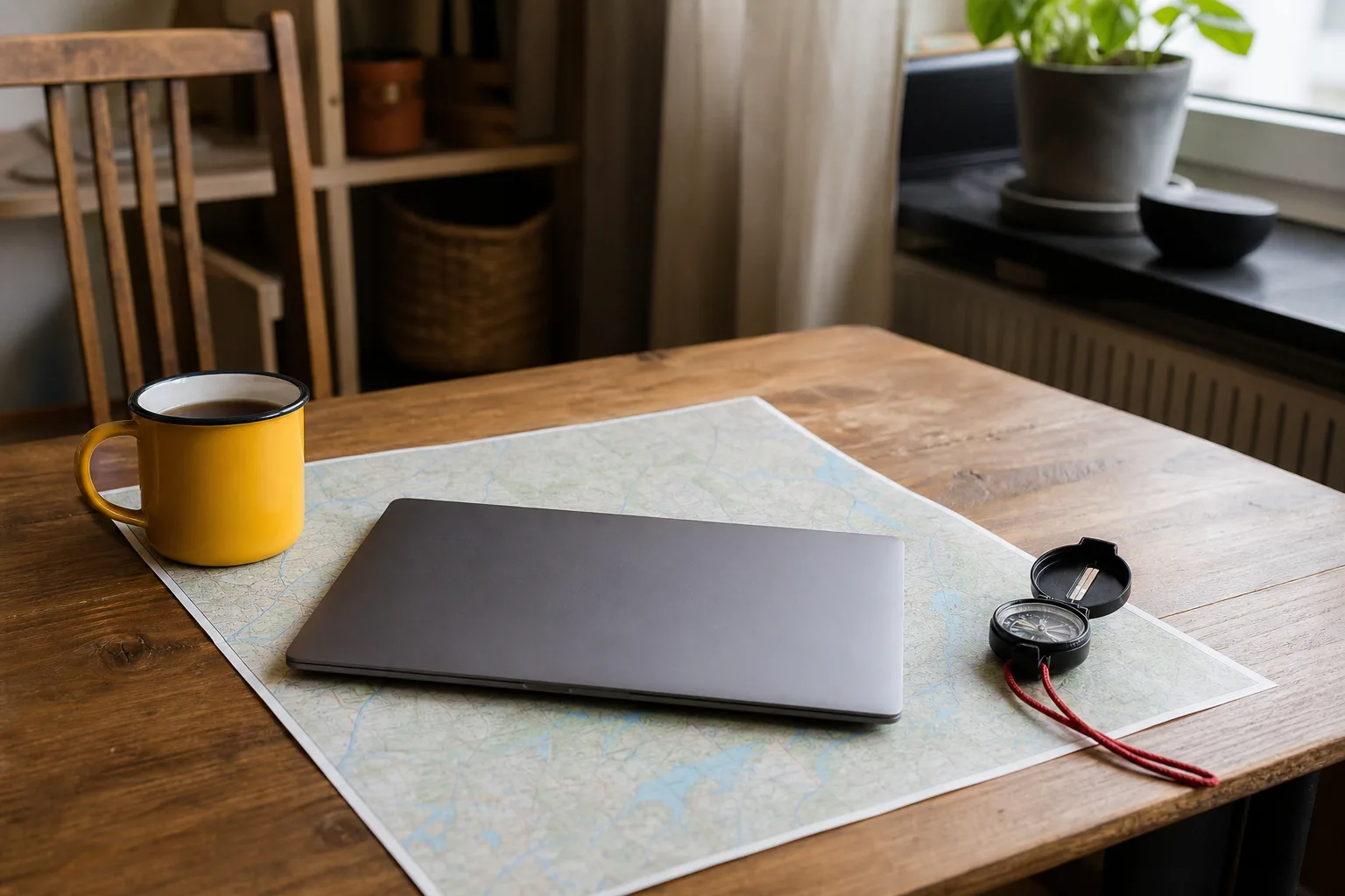 Stängd laptop, papperskarta och kompass på träbord